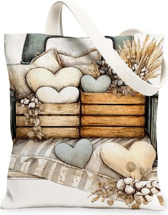 Generic Vintage Rustic Canvas Tote Bags, Heart Patterns Reusable Grocery Bags, Lightweight Washable Shoulder Strap Canvas for Trave, Beige, 13x15 Inch