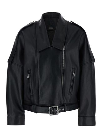 Pinko Black Jacket With Dropped Shoulders And Belted Waist In Leather Woman