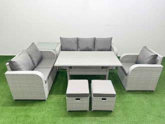 Fimous Patio PE Wicker 8 Seater Outdoor Rattan Furniture Sofa Sets w/ Rectangular Dining Table Reclining Chair Loveseat Sofa 3 Seater Sofa Stool Side