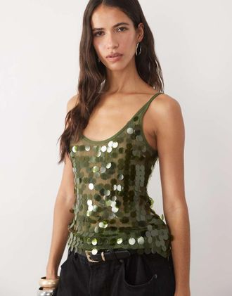 Asos top senza maniche con paillettes a disco sparse e scollo a barchetta in verde oliva scuro