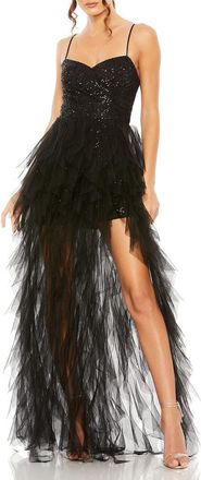 Mac Duggal Ruffle High Low Tiered Train Sequin Mini Dress in Black at Nordstrom, Size 10