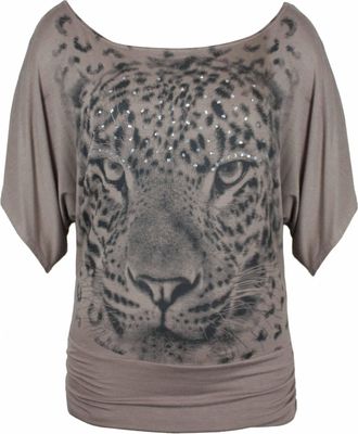 Purple Hanger New Ladies Leopard Tiger Animal Print Short Batwing Sleeve T-Shirt Womens Short Sleeve Printed Stretch Fit Top Plus Size Mocha Size 24-26