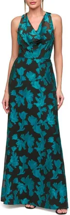 JS Collections Melba Cowl Neck Chiffon Gown in Black/sea at Nordstrom, Size 18