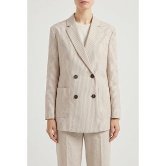 Brunello Cucinelli Beige Pinstripe Double Breasted Blazer, Brand Size 40 (US Size 6)