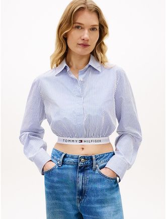 Tommy Hilfiger Womens Logo Band Cropped Poplin Shirt - Blue - XS