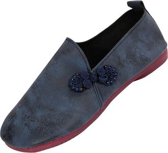 Generic Blue Womens Fashionable Casual Versatile Eye Catching Lightweight Shallow Mouth Large Size Flat Bottomed Round Toe Soft Leather Low Top Loafers for Le