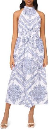 Halogen Medallion Print Cotton High Neck Halter Dress in Ensign Blue at Nordstrom Rack, Size Xx-Small