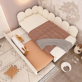 Merax 3FT Single L-Form Upholstered Daybed With Pull Out Guest Bed in Beige