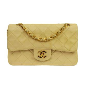 Chanel Timeless - Classic Double Flap Quilted Lambskin Beige Leather Handbag (Pre-Owned)