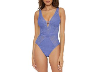 BECCA by Rebecca Virtue Color Play Crochet Plunge One Piece Womens Swimsuits One Piece Cornflower : MD, Nylon/Spandex
