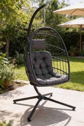 Living and Home Egg-Shaped Hanging Chair with Soft Cushion & Headrest in Black