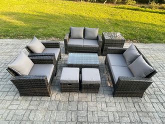 Fimous Garden Furniture Sets 8 Pieces Outdoor Rattan Furniture Manual Wicker Patio Sofa Chair Set with Coffee Table Side Table in Dark Grey