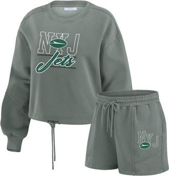 WEAR by Erin Andrews Womens WEAR by Erin Andrews Green New York Jets Washed Fleece Long Sleeve T-Shirt & Shorts Lounge Set at Nordstrom, Size Xx-Large