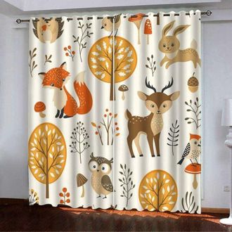 OEM Juego De 2 Cortinas Opacas Con Dise&ntilde;o De Animales Para Ni&ntilde;os, Zorro, Ciervo, Conejo Y B&uacute;ho. Dise&ntilde;o Moderno. Aislamiento T&eacute;rmico Con Ojales Para Dormit