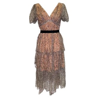 Self Portrait Tiered Sequined Tulle Midi Dress in Beige Polyester