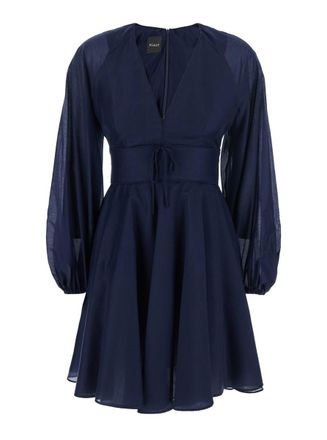 Plaîn Blue Mini Dress With V Neck And Puffed Sleeves In Linen Woman