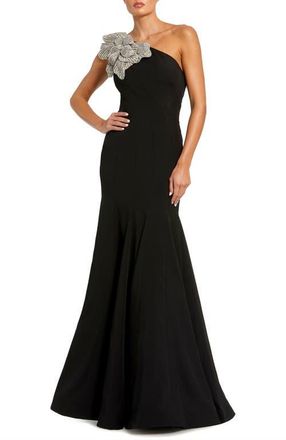 Mac Duggal Womens Crepe One Shoulder Gown With Flower Detail in Black at Nordstrom, Size 12