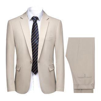 AlltheMen Mens Suits 2 Piece Business Suits 1 Button Stretch Suits Solid Color Classic Formal Suit Blazer Trousers Wedding Beige M