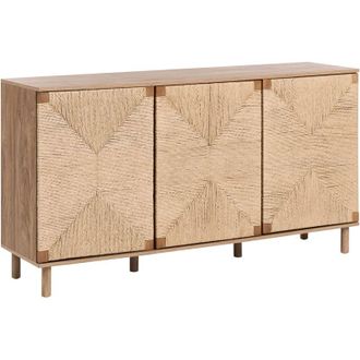Beliani Credenza a 2 ante Mobile con frontali in corda di carta su pannello truciolare Stile Boho 150 cm Marrone chiaro Bondi