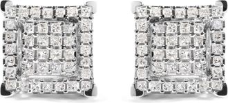 House of Brilliance 10K White Gold 1 1/4 Cttw Princess Diamond Composite Double Square and Halo Stud Earrings