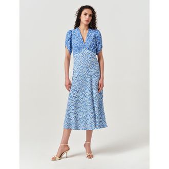 Ghost London Faye Floral Crepe Midi Dress in Blue Floral at Nordstrom, Size 12