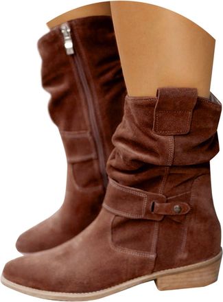 Generic Short Cowboy Boots for Women,Wide Width Solid Color Comfortable Pointed Toe Low Heels Mid Calf Cowboy Short Boots 2025 Casual Fashion Slouchy Ruched L
