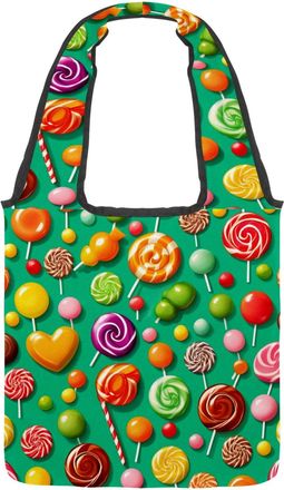 Generic Green Candy Pattern Reversible Canvas Shoulder Tote - Double-Sided Print, 12oz Cotton, 27cm Drop, Fold-Flat Bag for Travel, Shopping, Street Outings