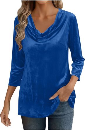 Generic Velvet Tops for Women Uk Elegant Cowl Neck Pleated Velour Blouse, Dressy Casual Going Out Puff 3/4 Sleeve Tunic Vintage Comfy Pullover Autumn Clothes 