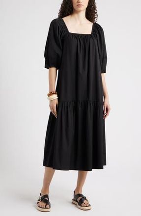 Nordstrom Square Neck Puff Sleeve Cotton Midi Dress in Black at Nordstrom Rack, Size Large/x-Large