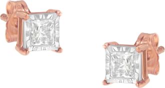 House of Brilliance 14K Rose Gold Plated Two-Tone.925 Sterling Silver 1/2 Cttw Princess-Cut Square Near Colorless Diamond Solitaire Miracle-Plate Stud Earrings