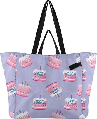 Generic Birthday Cake Candles Purple pattern Reusable Canvas Tote Bag, Heavy Duty Grocery Shopping Bag with Large Capacity Hard Bottom Double Handles Work Gro