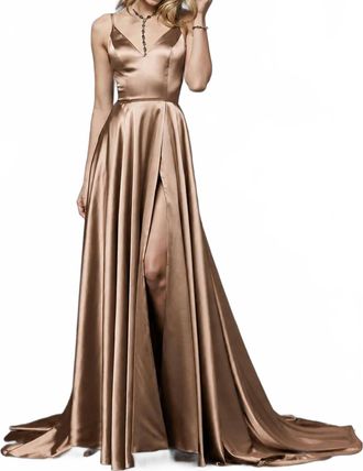 Sherri Hill Silk Charmeuse V-Neck High Slit Gown In Mocha