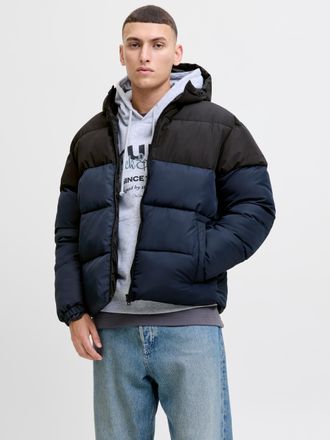 Jack & Jones Steppjacke JACK & JONES JJMAZE PUFFER HOOD, Herren, Gr. XXL, sky captain detail:schwarz blocking, Web, Obermaterial: 100% Polyester, colorblocking, re