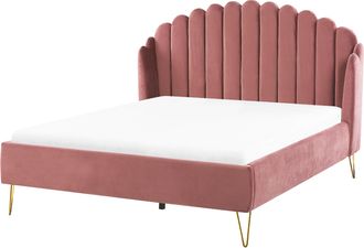 Beliani Cama Con Somier De Terciopelo Rosa 140 X 200 Cm Patas De Metal Cabecero Retro Capiton&eacute; Ambillou