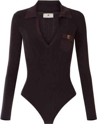 Elisabetta Franchi Bodysuit met geribbelde stof en logo-plaatje - Dames - Bodies - Bruin - M - Tops