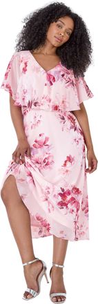 Roman Womens Petite Floral Cape Chiffon Midi Dress - Pink - Size 10 UK