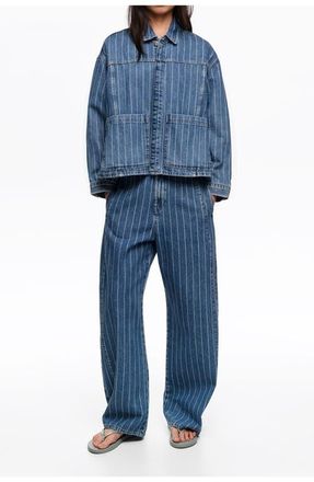 Bimba & Lola Striped Barrel Jeans With Buckle in Denim Blue at Nordstrom, Size 40 Eu