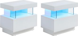 Vente-Unique Lote de 2 mesitas de noche con 1 cajón y 1 estante - Con LEDS - MDF - Blanco lacado - FABIO II