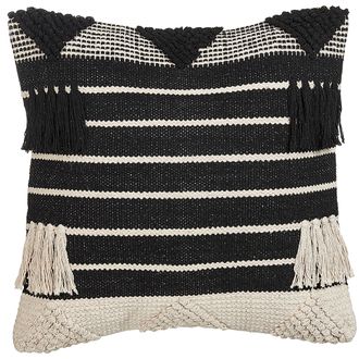 Beliani Coj&iacute;n De Algod&oacute;n Beige Negro 50 X 50 Cm Hecho A Mano Patr&oacute;n Geom&eacute;trico Chittoor
