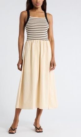 Blu Pepper Stripe Sleeveless Mixed Media Midi Dress in Light Khaki at Nordstrom Rack, Size Medium