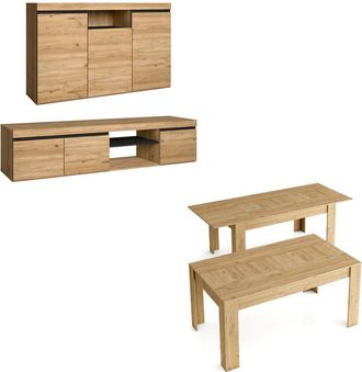 Skraut Home Skraut Home - Set Naturale Sal&oacute;n Comedor, Mueble Auxiliar, Buffet-mueble Tv 160cm-mesa Extensible Roble/negro