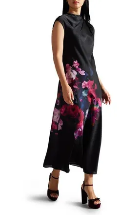 Ted Baker Rahlee Floral Midi Slipdress in Black at Nordstrom, Size 5