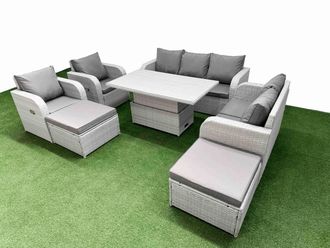 Fimous PE Rattan Garden Furniture Set Reclining Chair Sofa Double Love Seat 2 Seater Sofa Lounge Set Adjustable Lifting Dining or Coffee Table 2 Big