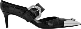 Philipp Plein Schoenen, Dames, Zwart, 36 EU, Leer, Croco Leather Mule Low Heels Skull Strass
