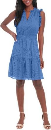 London Times Split Neck Ruffle Eyelet Dress in Dutch Blue at Nordstrom Rack, Size X-Small