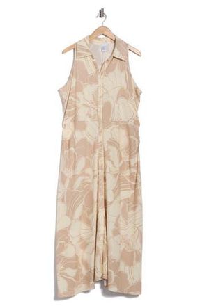 London Times Floral Side Ruched Linen Blend Midi Dress in Blush/Beige at Nordstrom Rack, Size 16W