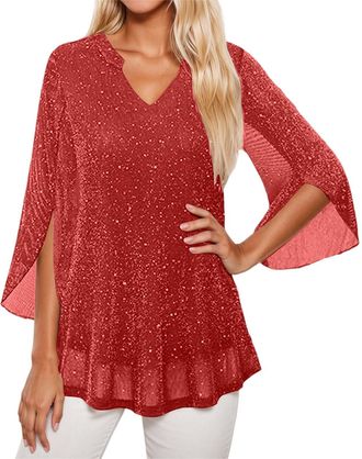 Generic Womens Blouses Ruffle 3/4 Flared Sleeve Tunic Tops Loose Sheer Flowy Square Neck Chiffon Top Double Layers Mesh yellow White Dressy Party Holiday Shir