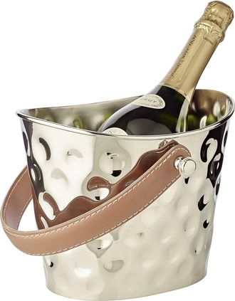 Edzard Premium Eiseimer & Weinkühler Gilbert aus Edelstahl gehämmert, brauner Ledergriff