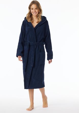 Schiesser Damenbademantel SCHIESSER Essentials, Damen, Gr. XL, blau (815, navy), Baumwolle, unifarben, Midil&auml;nge, Hausm&auml;ntel Damenbademantel, mit kuscheliger Ka