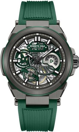 Kenneth Cole Skeleton Black Automatic Silicon Strap Watch, 42mm in Green at Nordstrom